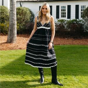 Sofie The Label Jeanie Ric Rac Tiered Midi Dress Black White Size Small NWT